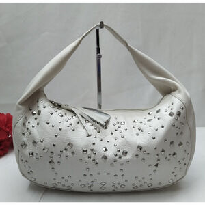 Alfani White Leather Studded Zipper Closure Hobo Shoulder Bag